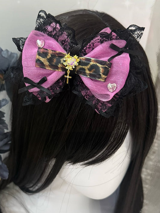 Rose Red Leopard Pattern Rhinestone Heart Decorated Lace Trim Bowknot Hairclip