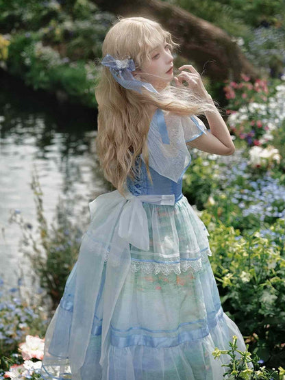 Oil Painting Water Lily Print Sky Blue Square Neckline and Flutter Sleeves One Piece