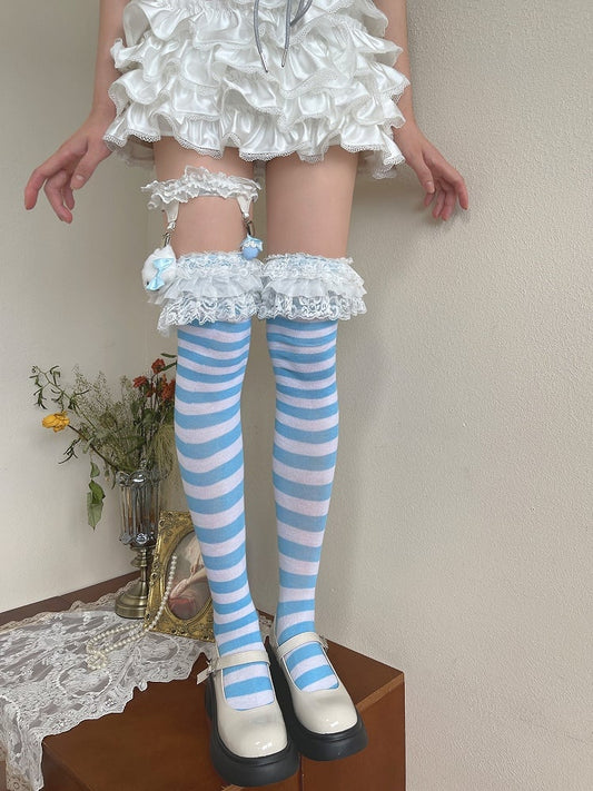 Blue and White Striped Lace Trim Overknee Stockings