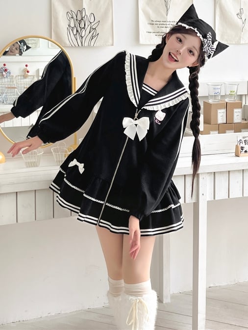 Jirai Kei Black Kitty Embroidery Sailor Collar Zip Closure Landmine Style Dress