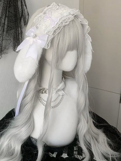 Black/White Rhinestone Heart Decorated Bowknot Details Ruffled Plush Bunny Ear Hairband