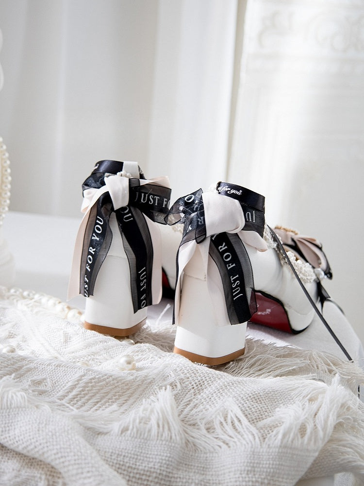 White Beaded Decorated Heart Design Bow at Top 8CM Block Heels Lolita Shoes