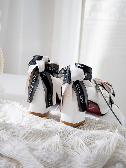 White Beaded Decorated Heart Design Bow at Top 8CM Block Heels Lolita Shoes