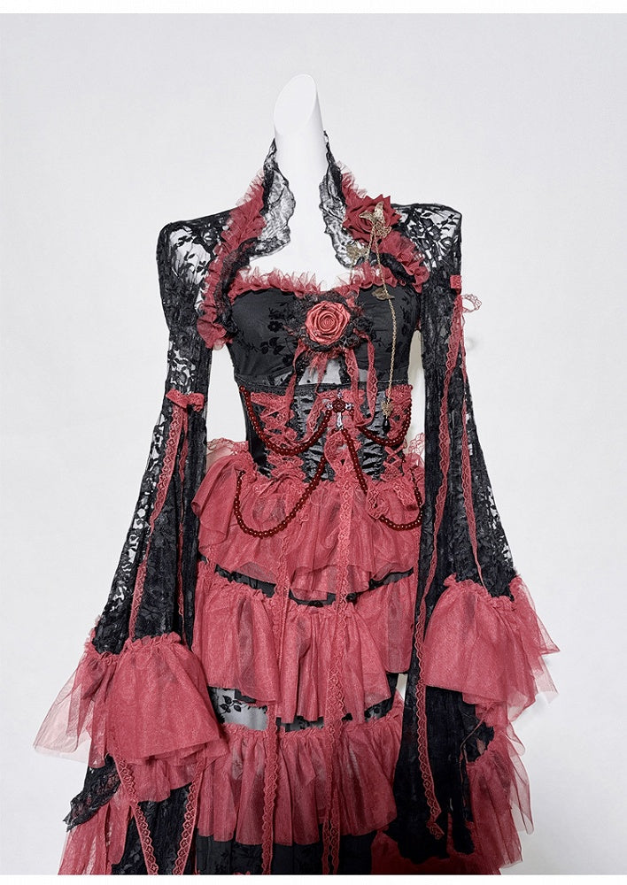 Black&Red Gothic Set- Cami Top+Lace Bell Sleeves Bolero+ Lace-up Detail Beaded Chain Tiered Skirt