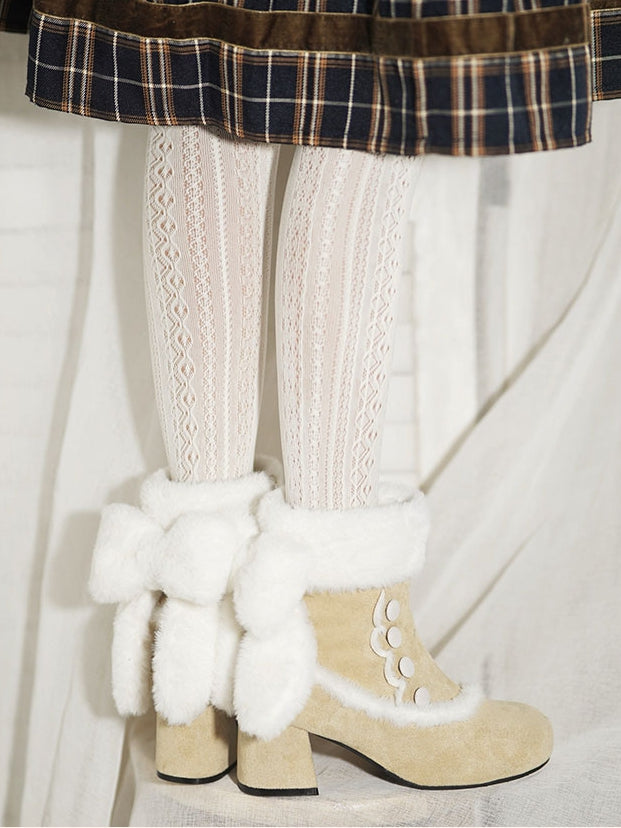 Button Details, Plush Bow & Fur Cuff Mid-heel Beige Boots in Sweet Lolita