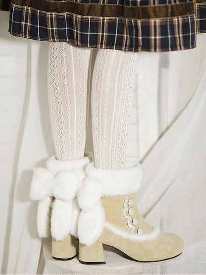 Button Details, Plush Bow & Fur Cuff Mid-heel Beige Boots in Sweet Lolita