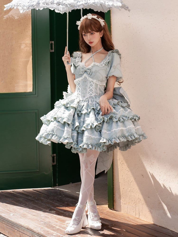 Green Corset Waist Dress Ruffle Skirt Princess Lolita OP with Big Bow at Back