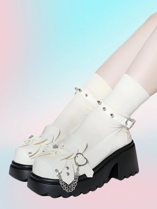 White Punk Bowknot Decorated Butterfly Heart Buckles Studs Details Platforms