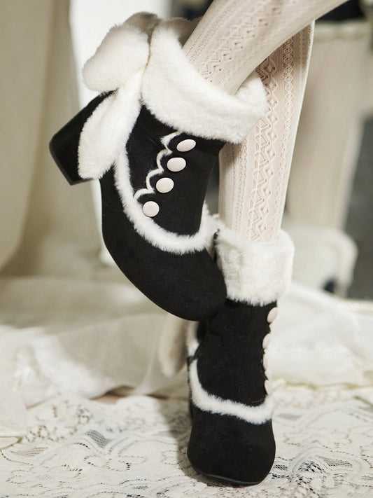 Black Sweet Lolita Mid-Calf Boots - Button Accents, Plush Bow & Furry Cuff with Inner Zip