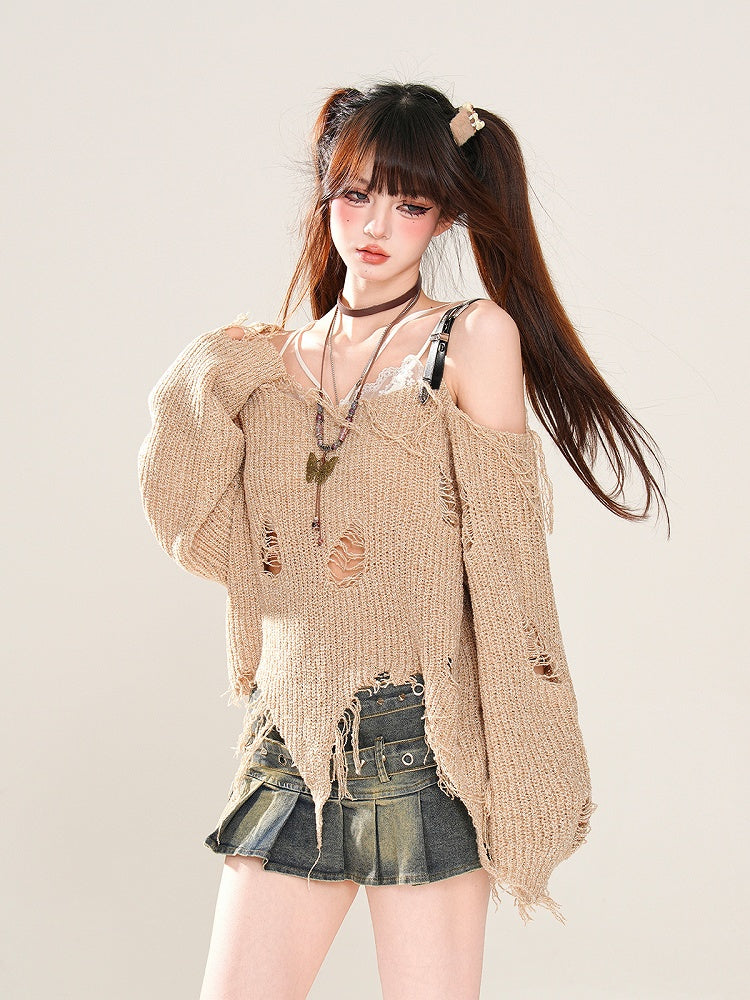Khaki Asymmetrical Neckline and Hem Distressed Holes Wasteland Punk Knitted Top