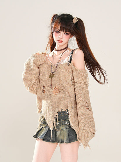 Khaki Asymmetrical Neckline and Hem Distressed Holes Wasteland Punk Knitted Top