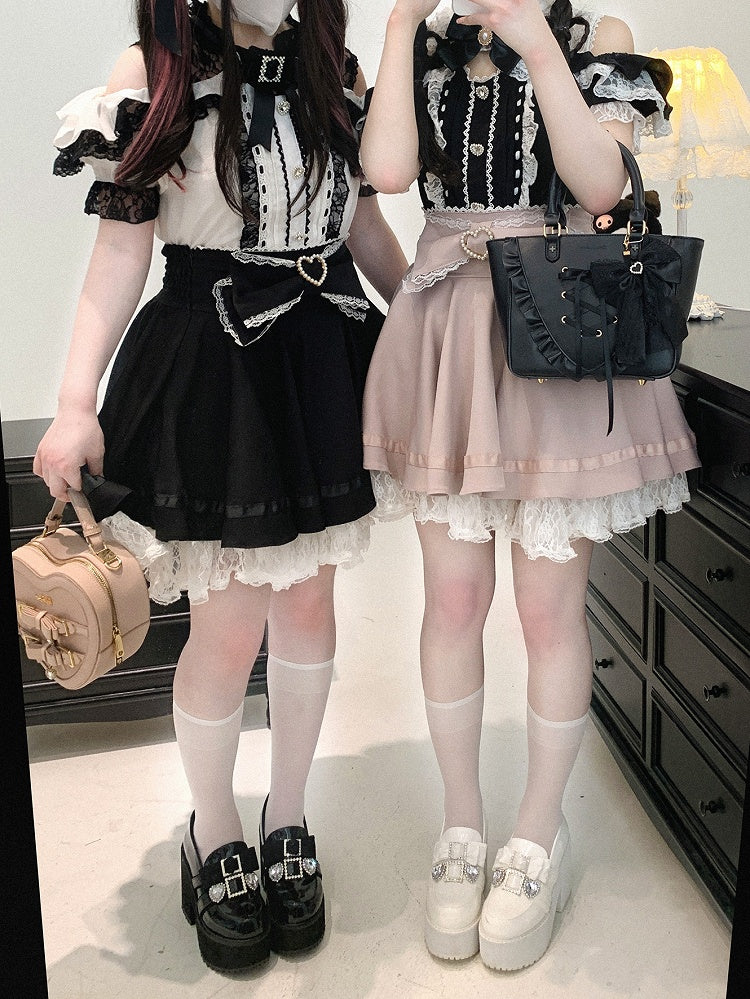 Jirai Kei Lace Trim Beaded Heart Decorated Big Bow Lace-up Back Black/Light Blue Skirt