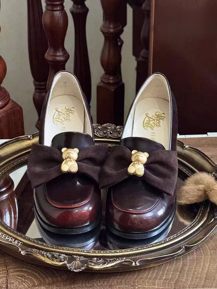 Wine Red Bear Decorated Bow at Top Loafers