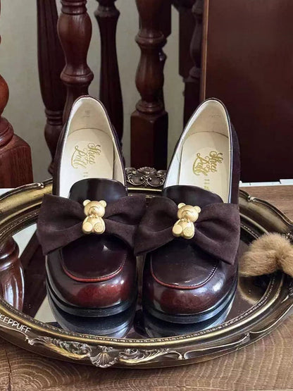 Wine Red Bear Decorated Bow at Top Loafers