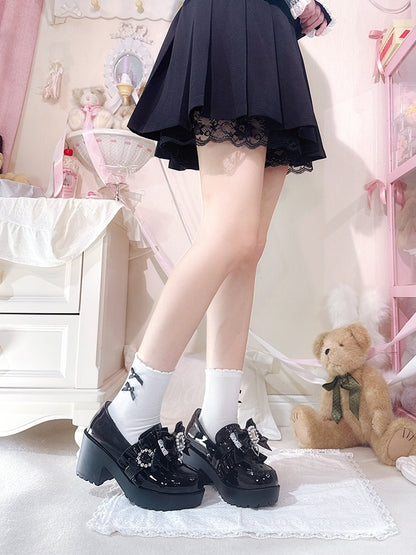 Polished Black Jirai Kei 7.5cm Loafers - Rhinestone And Beads Decor Detachable Bow with Ruffle Trim & Slip-On Design