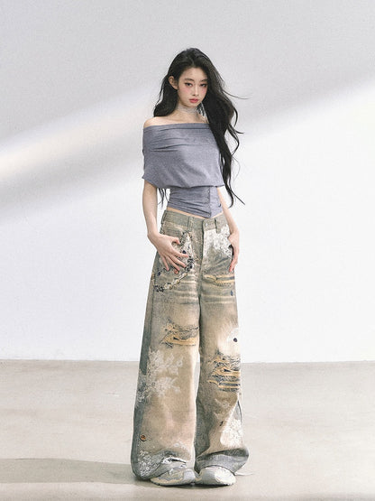 Off-the-shoulder Neckline Gray / Water Blue Slim-fitting T-shirt