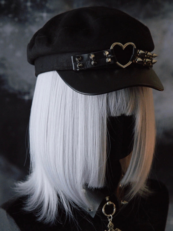 Black Gothic Heart Ring Studs Details Beret Hat