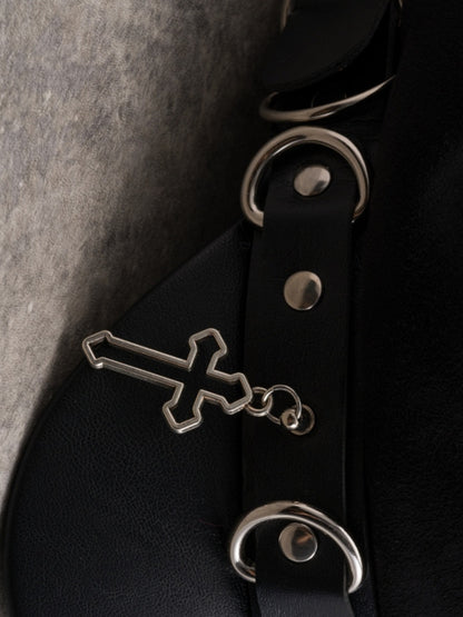 Black Gothic Studs Details Bone And Cross Charm Beret Hat