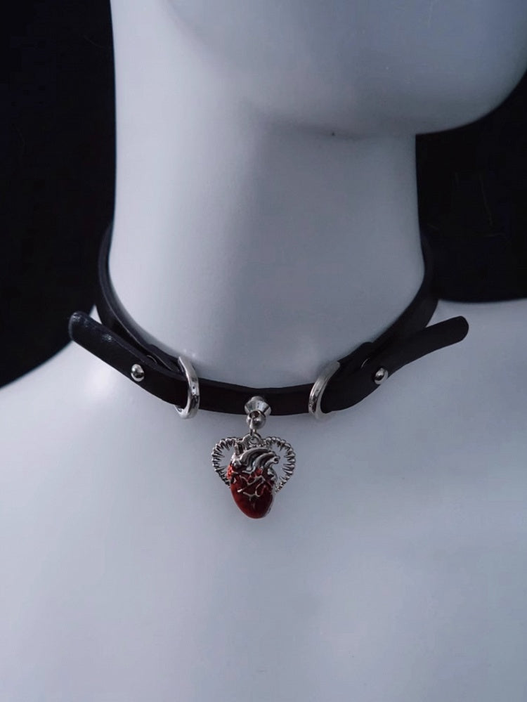 Black and Red Handmade Heart Pendant Gothic PU Choker