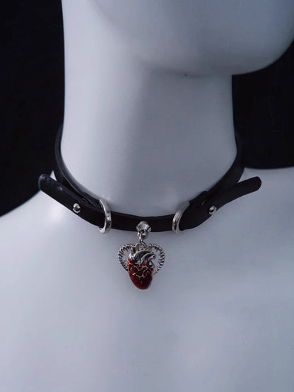 Black and Red Handmade Heart Pendant Gothic PU Choker