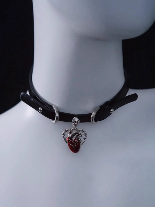Black and Red Handmade Heart Pendant Gothic PU Choker