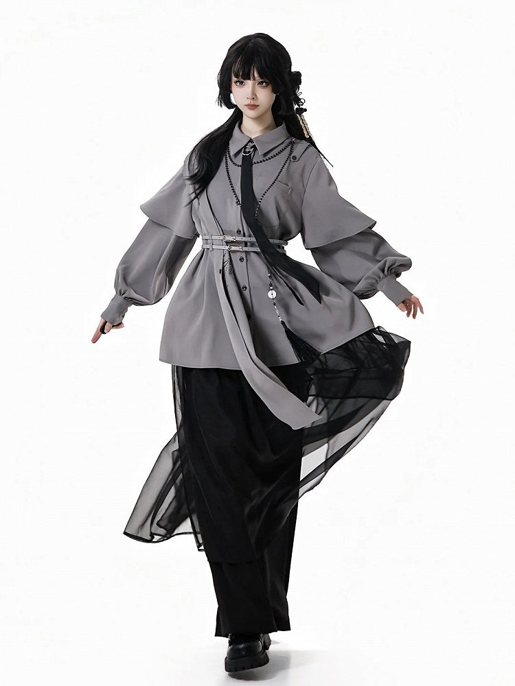 Gray Cheongsam Style Shirt with Detachable Bamboo Embroidered Shoulder Cape and Buckle Belt