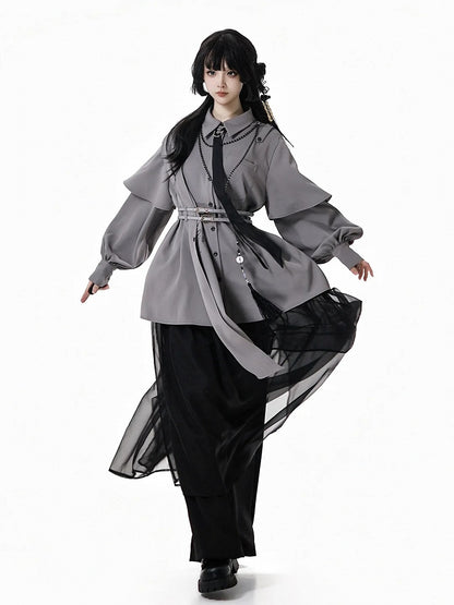 Gray Cheongsam Style Shirt with Detachable Bamboo Embroidered Shoulder Cape and Buckle Belt