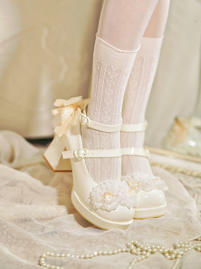 White Knotted Bow at Top Lace Trim Heart Buckles High Block Heels