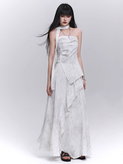 Off-white Side Slit Strapless Top with Scarf / Elastic Waist Cascading Ruffle Trim Skirt