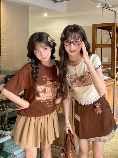 Vintage Teddy Bear Print Lettuce Cuffs Lace Hem Apricot T-shirt