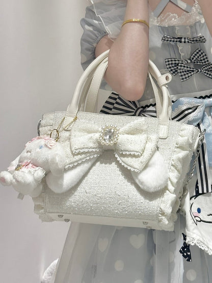 White Triple-Carry Handbag with Ruffles Trim in Elegant Lolita - Beaded And Rhinestone Heart Charm & Plush Bunny Ear Bow