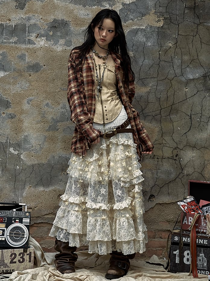 Apricot Vintage High Waist Romantic Stars Pattern Lace Skirt