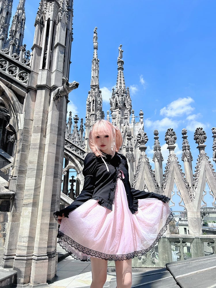 Gyaru Fashion Pink and Black Polka-dot Pattern Lace Trim Self-tie Halter Neck Slip Dress