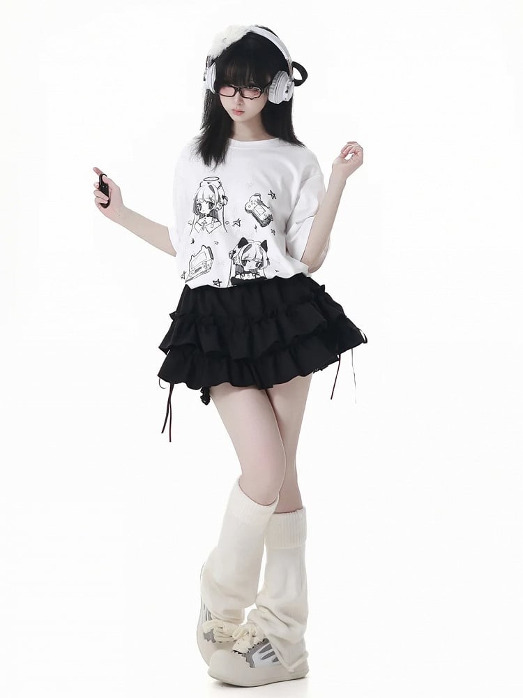 Anime Girl Print White/Dark Gray Round Neck Cotton T-shirt