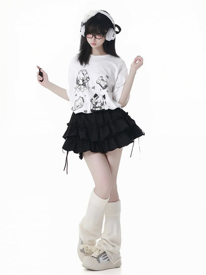 Anime Girl Print White/Dark Gray Round Neck Cotton T-shirt