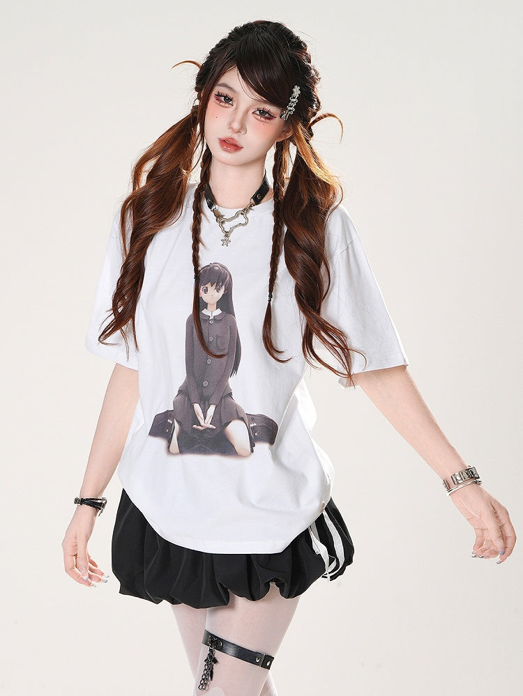 Anime Girl Print White Round Neck Loose T-shirt