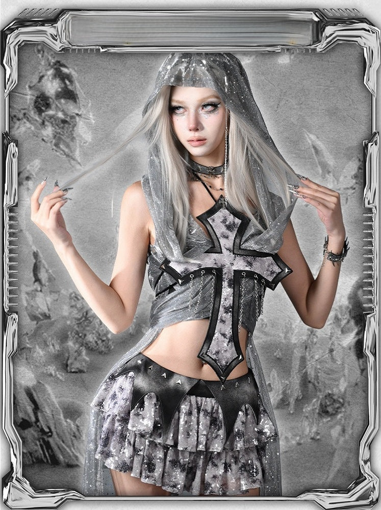 Y3K Fashion Futuristic Silver Cyberpunk  Sequin Detail Hooded Cloak