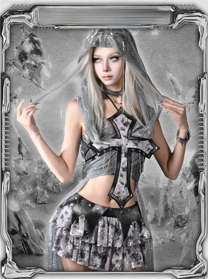 Y3K Fashion Futuristic Silver Cyberpunk  Sequin Detail Hooded Cloak