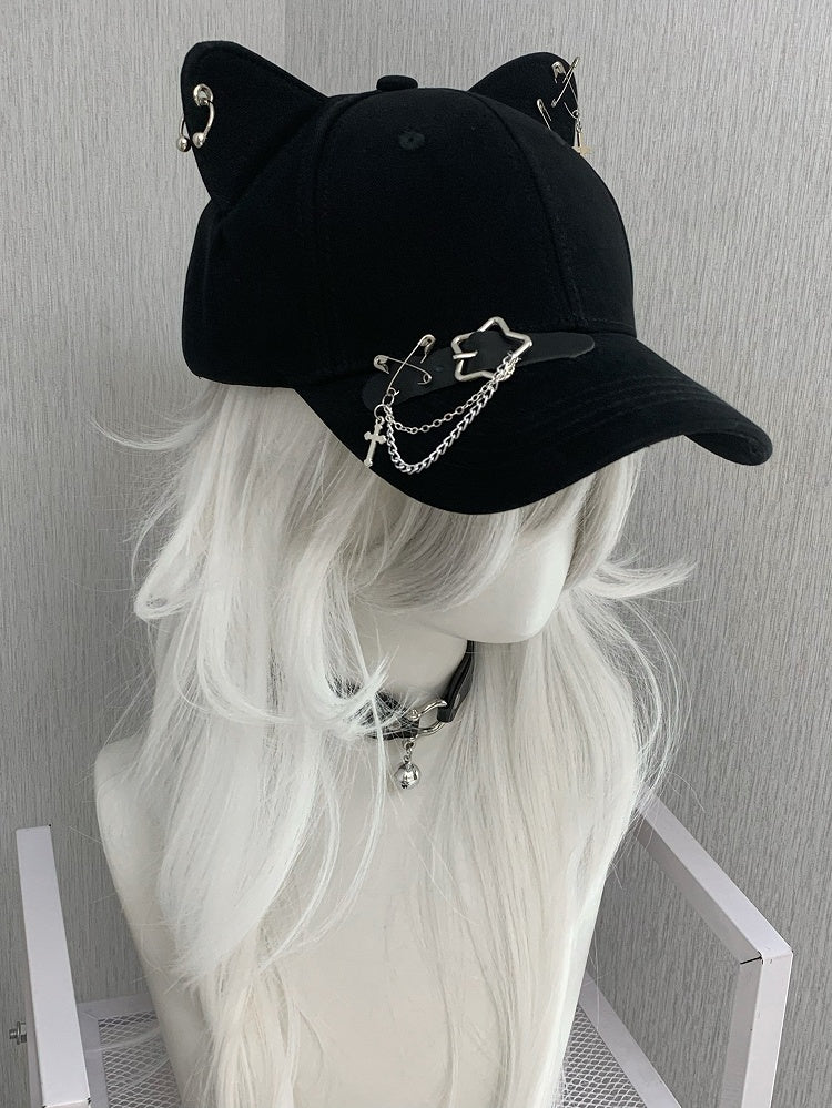 Blue/Black/Yellow Cross Charm Pin Decorated Star Buckle Kitty Ear Cap