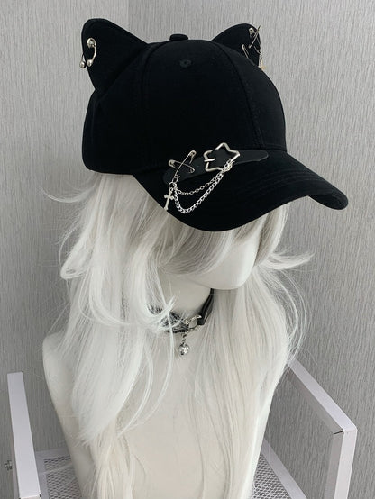 Blue/Black/Yellow Cross Charm Pin Decorated Star Buckle Kitty Ear Cap