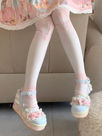 Sea Salt Strawberry Cake Blue Sweet Lolita Bow Accents Platforms Mary Jane Shoes