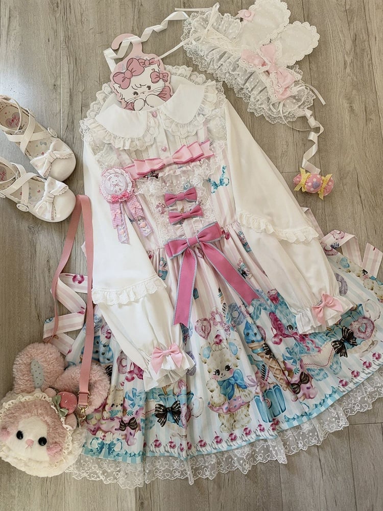 Teddy and Ice Cream Print White Sweet Lolita Jumper Skirt