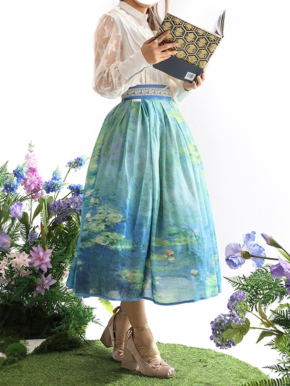 Water Lily Oil Painting Print Blue and Green High Waist Skirt Long/Short Version
