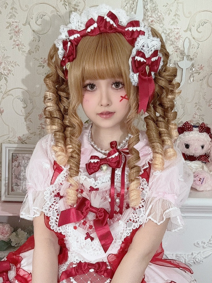 White&Red Heart Decorated Striped Pattern Bowknot Details Lace Trim KC