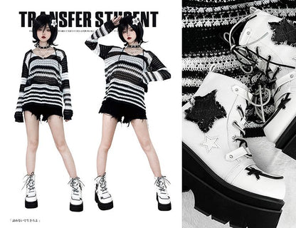 Star Appliques Punk White Denim Platform Ankle Boots