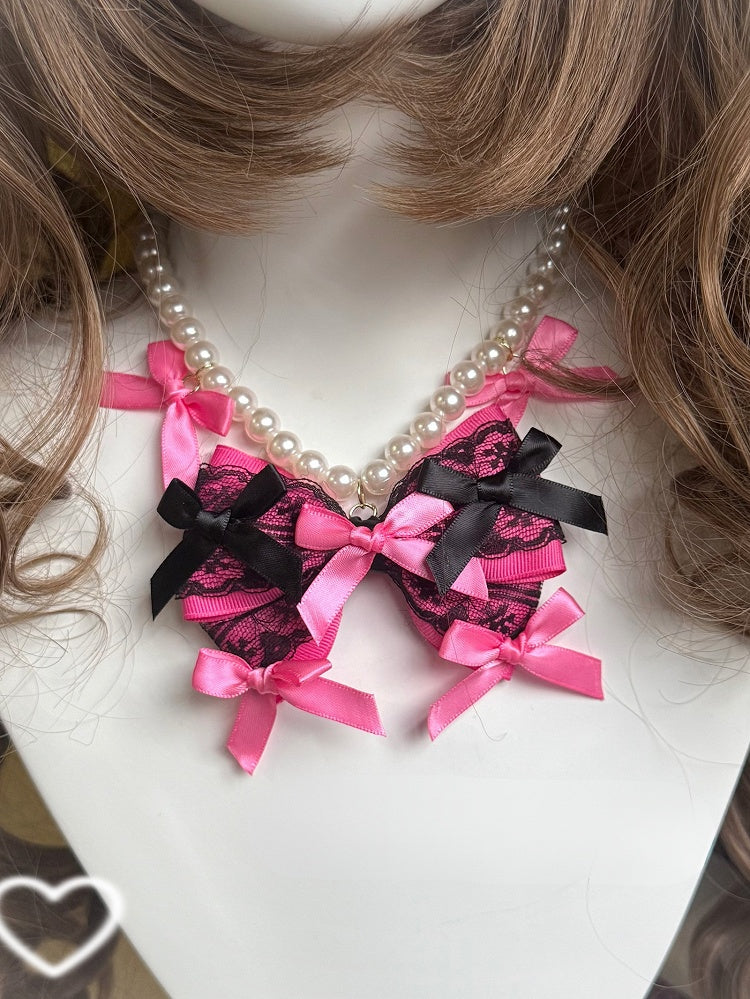 Rose Red Lace Trim Bowknot Hairclip + Bowknot Details Beaded Necklace