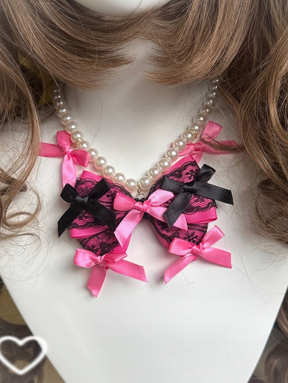 Rose Red Lace Trim Bowknot Hairclip + Bowknot Details Beaded Necklace