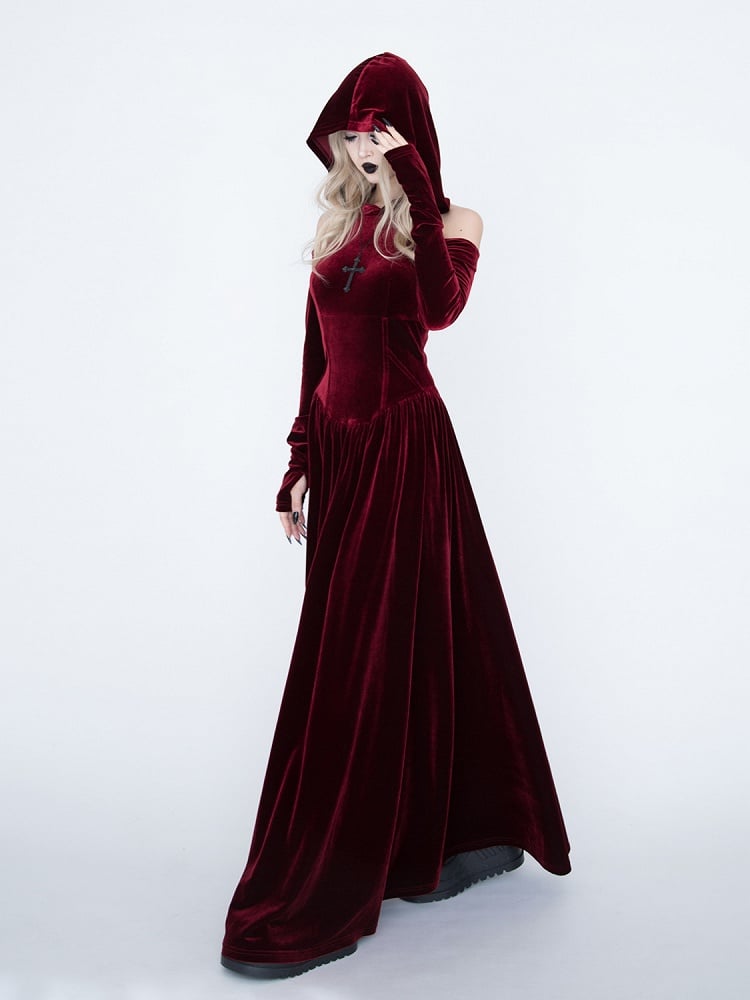 Medieval Witch Red Velvet Cutout Shoulder Gothic Vampire Hooded Dress