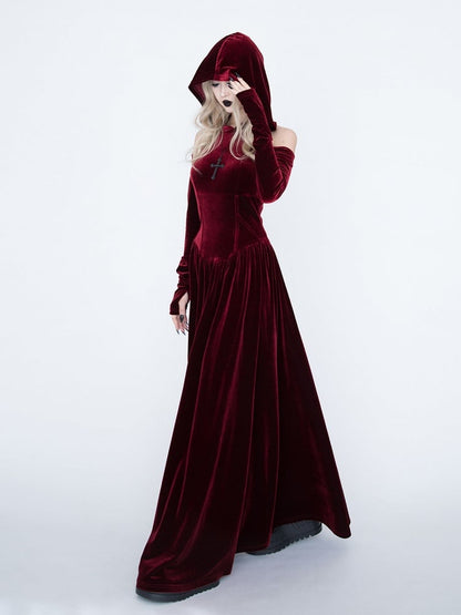 Medieval Witch Red Velvet Cutout Shoulder Gothic Vampire Hooded Dress