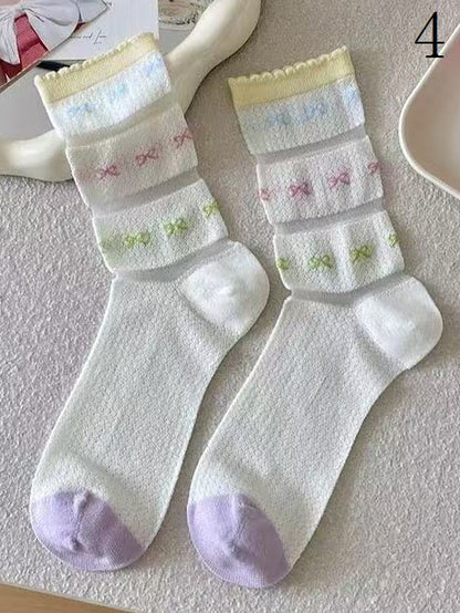 Colorful Stripes Polka-dot/Bowknot/Floral Pattern Hollow-out Calf Socks